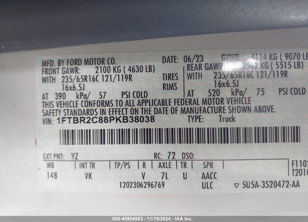 2023 FORD TRANSIT-250 VIN: 1FTBR2C88PKB38038