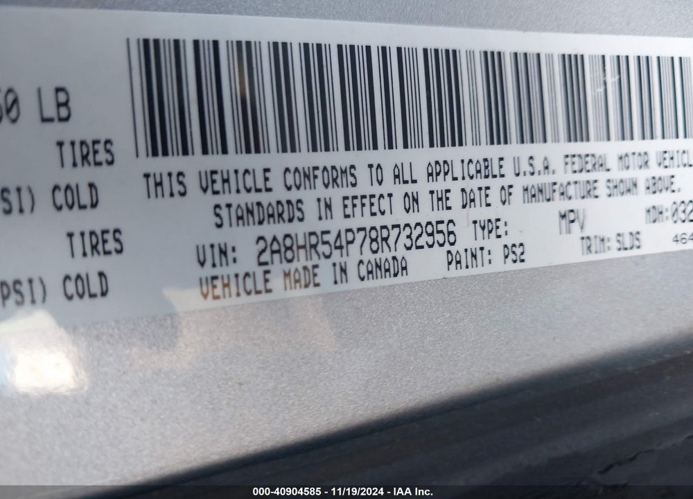 2008 CHRYSLER TOWN & COUNTRY VIN: 2A8HR54P78R732956