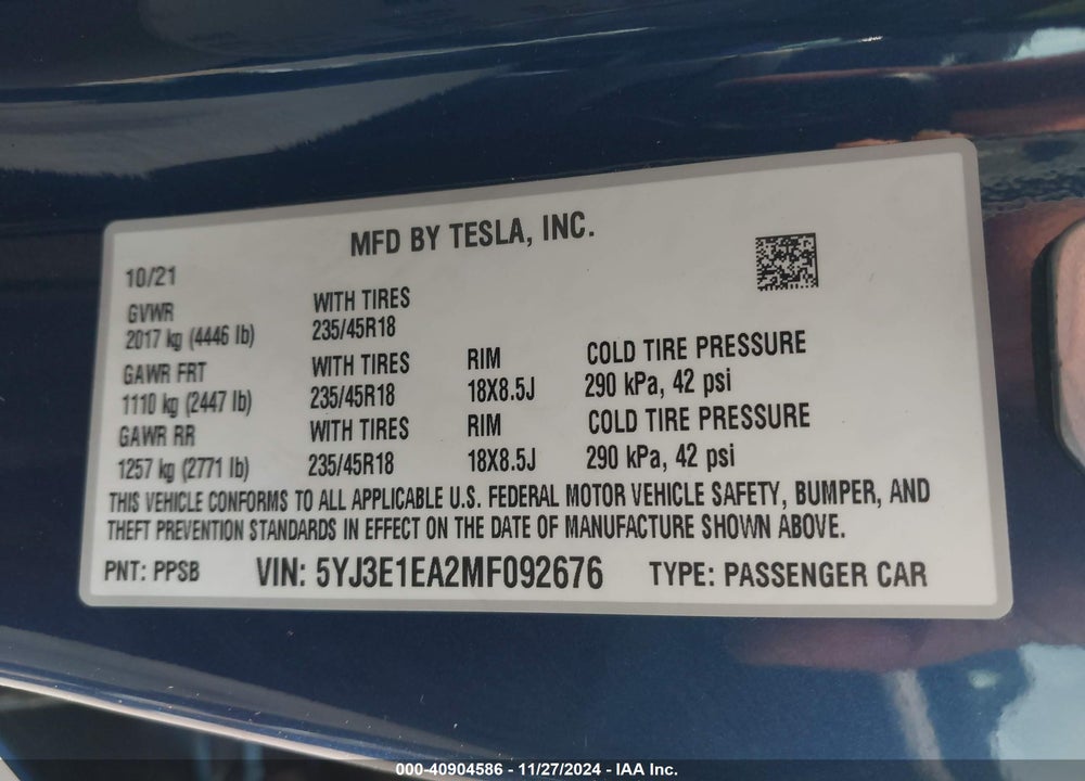 2021 TESLA MODEL 3 STANDARD RANGE PLUS REAR-WHEEL DRIVE VIN: 5YJ3E1EA2MF092676
