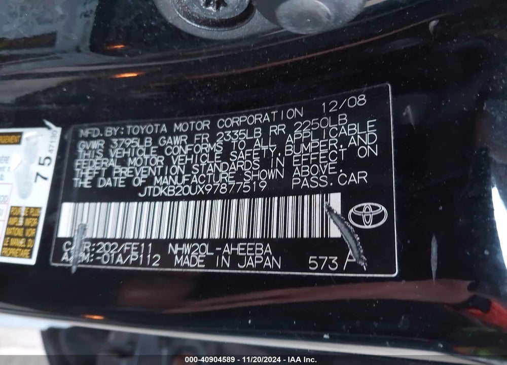 2009 TOYOTA PRIUS VIN: JTDKB20UX97877519