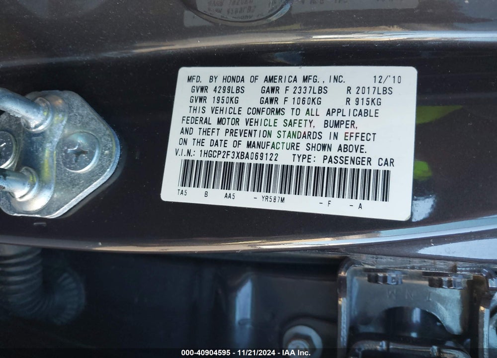 2011 HONDA ACCORD 2.4 LX VIN: 1HGCP2F3XBA069122