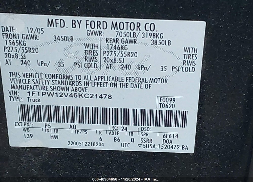 2006 FORD F-150 VIN: 1FTPW12V46KC21478