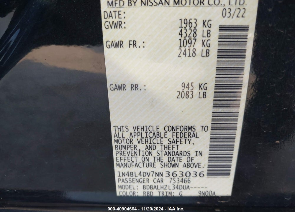 2022 NISSAN ALTIMA SV FWD VIN: 1N4BL4DV7NN363036