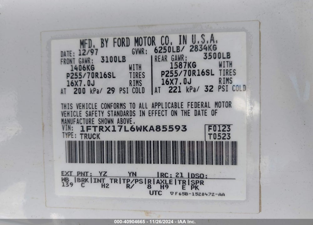 1998 FORD F-150 LARIAT/XL/XLT VIN: 1FTRX17L6WKA85593