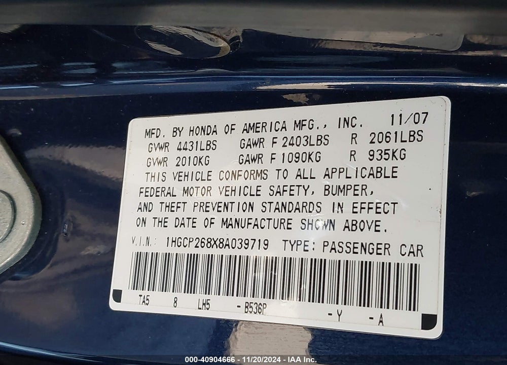 2008 HONDA ACCORD 2.4 EX-L VIN: 1HGCP268X8A039719