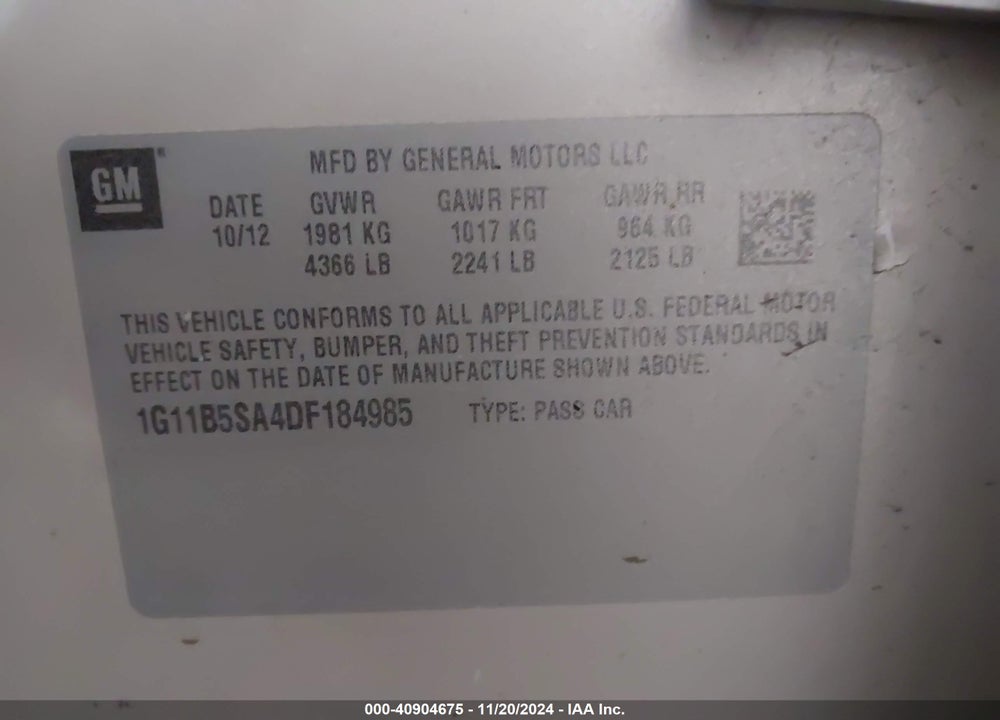 2013 CHEVROLET MALIBU 1LS VIN: 1G11B5SA4DF184985