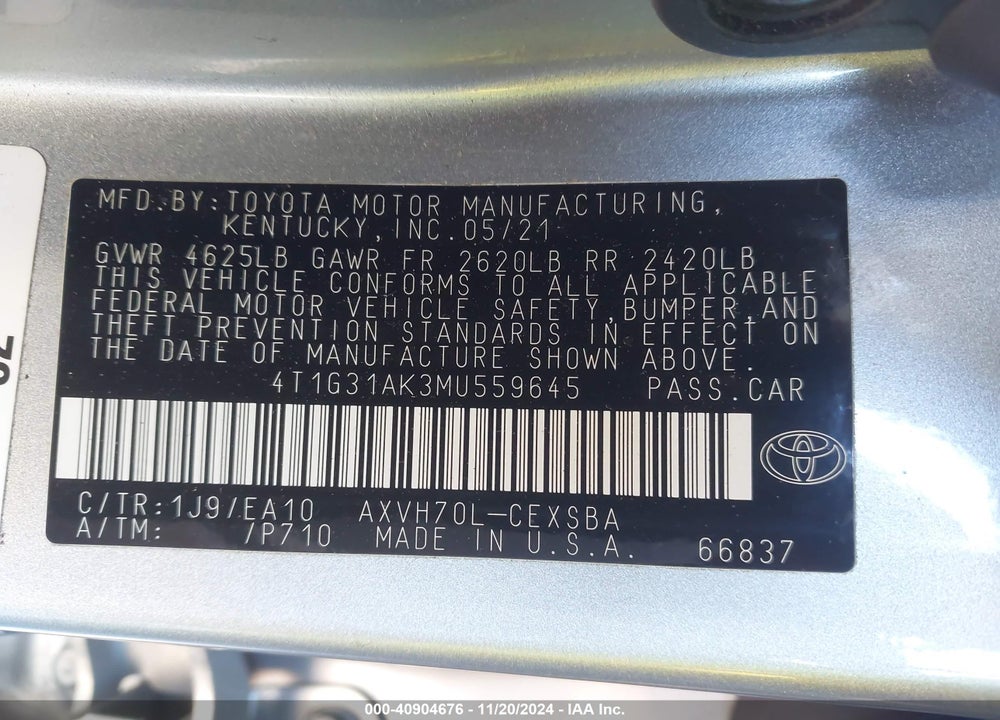 2021 TOYOTA CAMRY SE HYBRID VIN: 4T1G31AK3MU559645