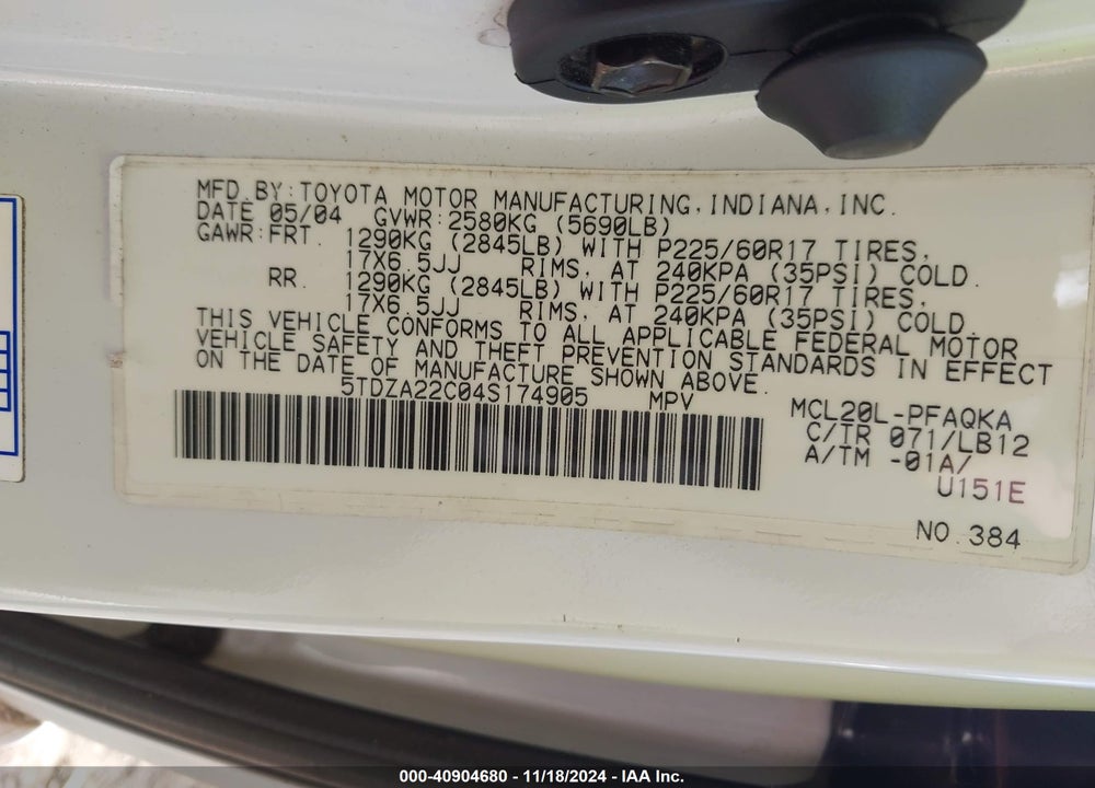 2004 TOYOTA SIENNA XLE/LTD VIN: 5TDZA22C04S174905