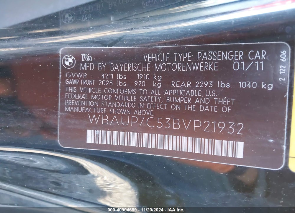 2011 BMW 128I VIN: WBAUP7C53BVP21932