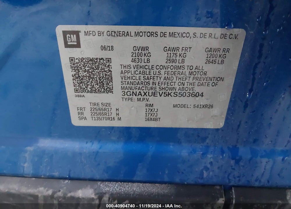 2019 CHEVROLET EQUINOX LT VIN: 3GNAXUEV5KS503604