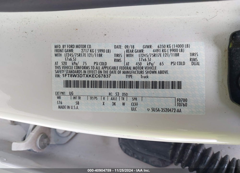 2019 FORD F-350 LARIAT VIN: 1FT8W3DTXKEC67837