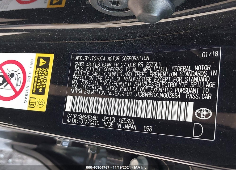 2018 TOYOTA MIRAI VIN: JTDBVRBDXJA003854