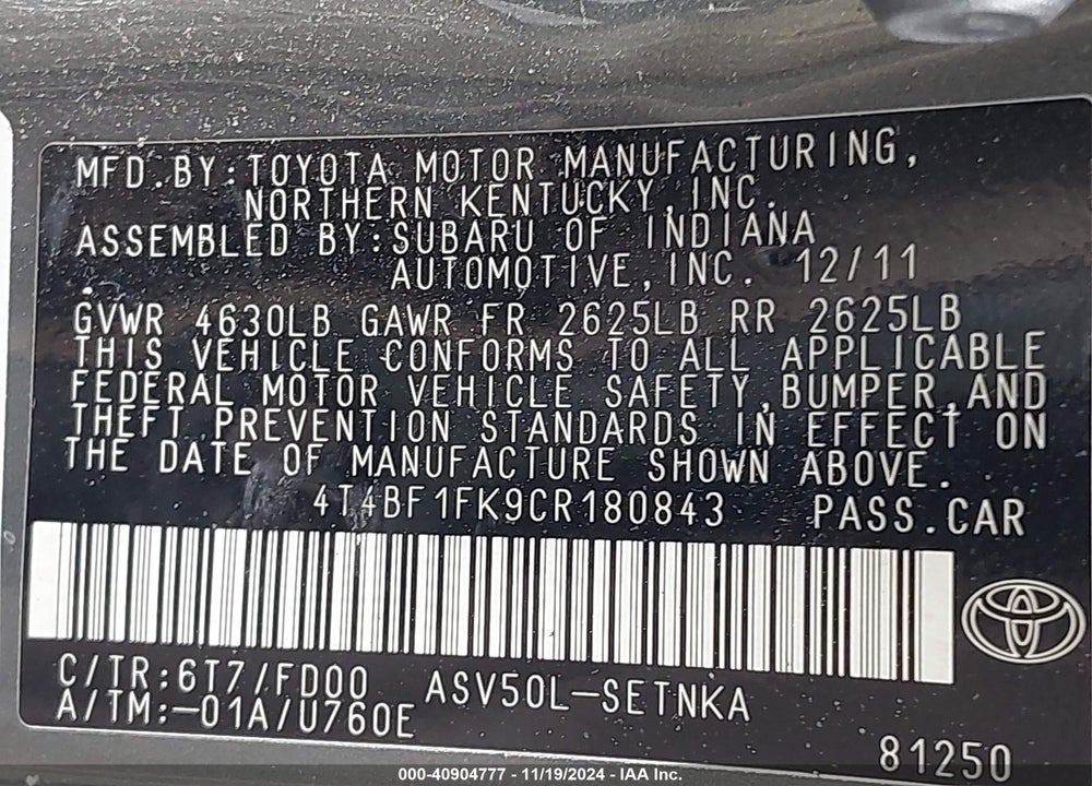 2012 TOYOTA CAMRY LE VIN: 4T4BF1FK9CR180843