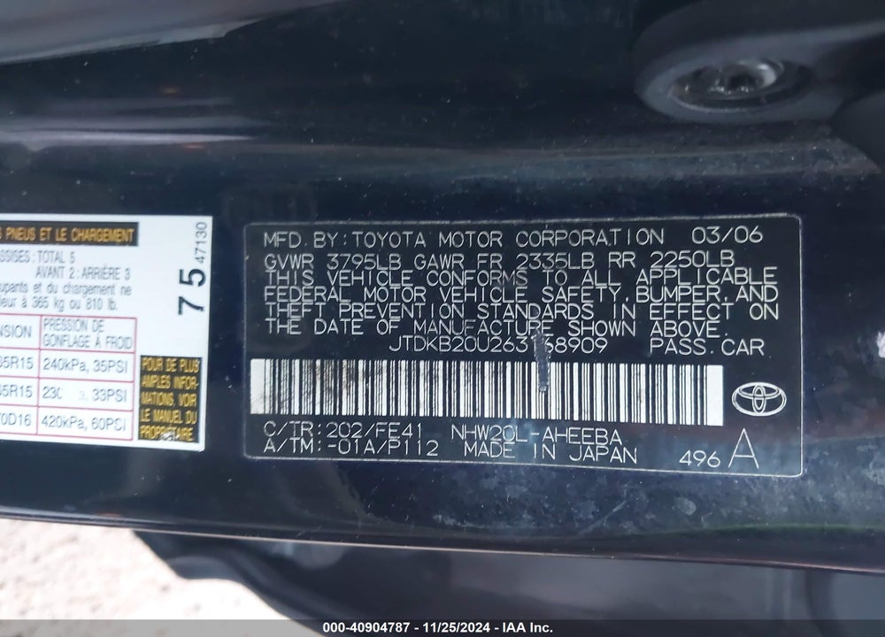 2006 TOYOTA PRIUS VIN: JTDKB20U263168909