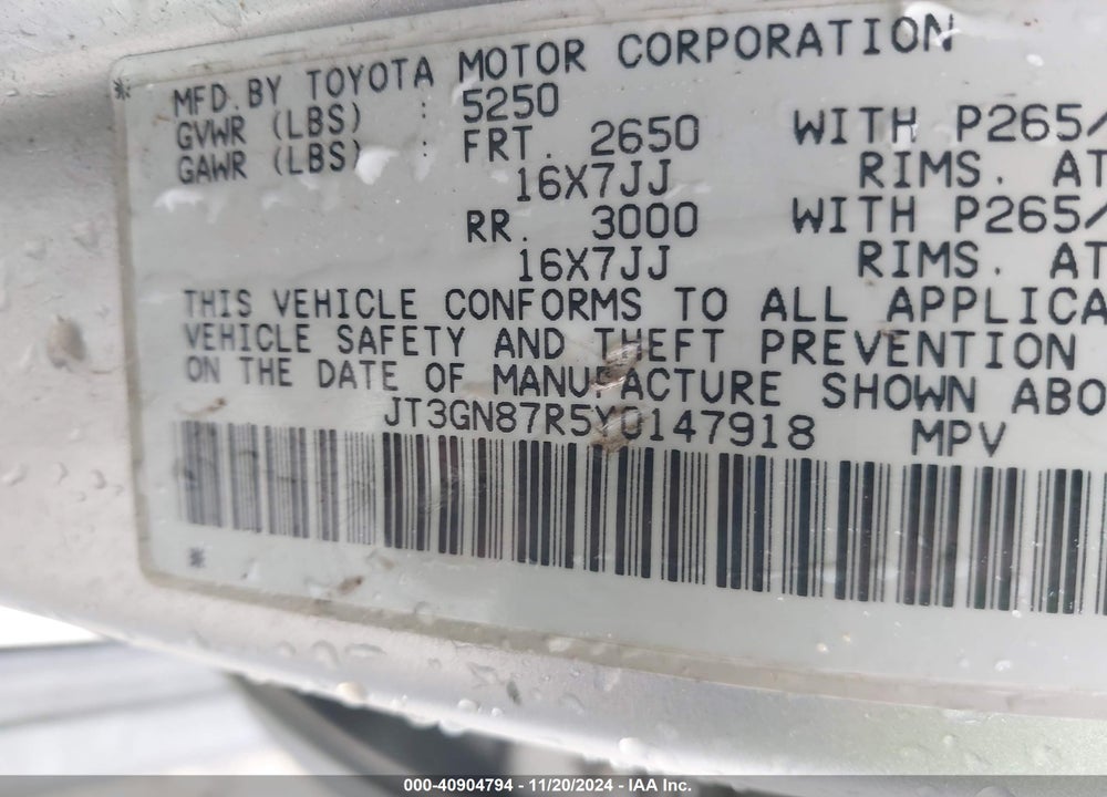 2000 TOYOTA 4RUNNER LIMITED V6 VIN: JT3GN87R5Y0147918