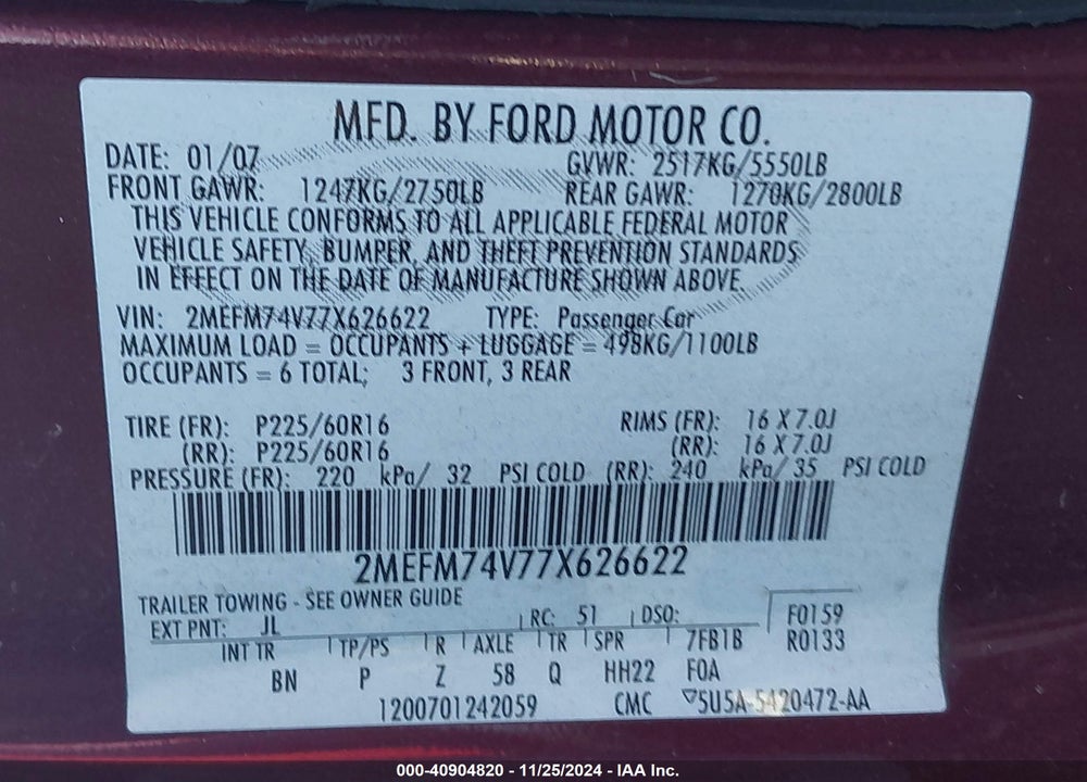 2007 MERCURY GRAND MARQUIS GS VIN: 2MEFM74V77X626622