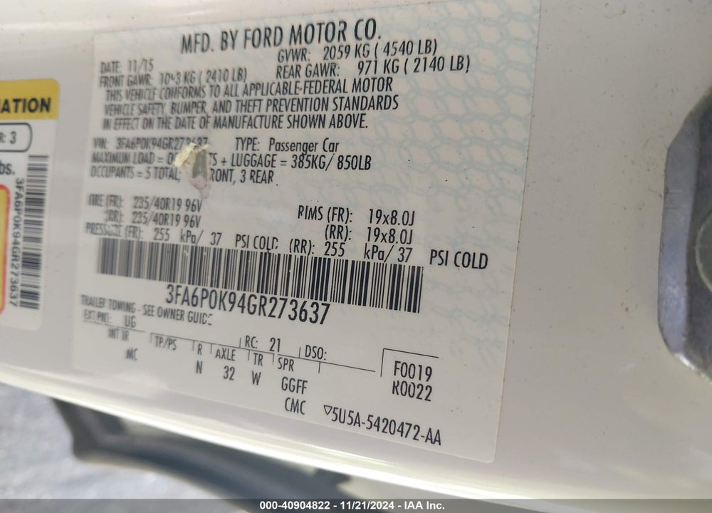 2016 FORD FUSION TITANIUM VIN: 3FA6P0K94GR273637