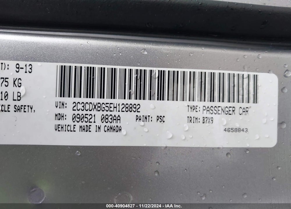 2014 DODGE CHARGER SE VIN: 2C3CDXBG5EH128892