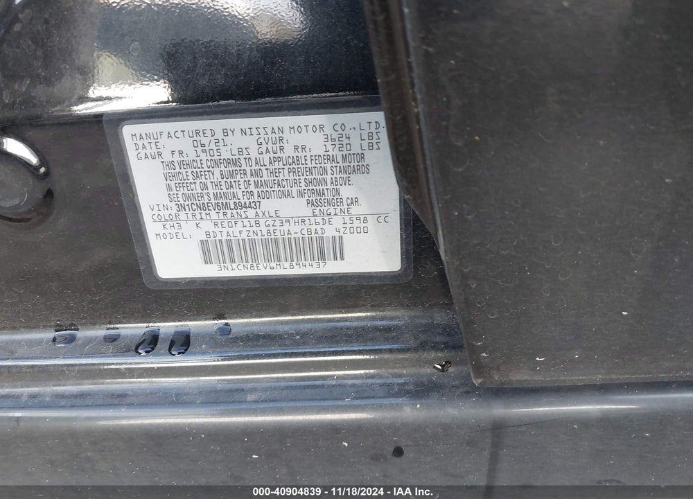 2021 NISSAN VERSA SV XTRONIC CVT VIN: 3N1CN8EV6ML894437