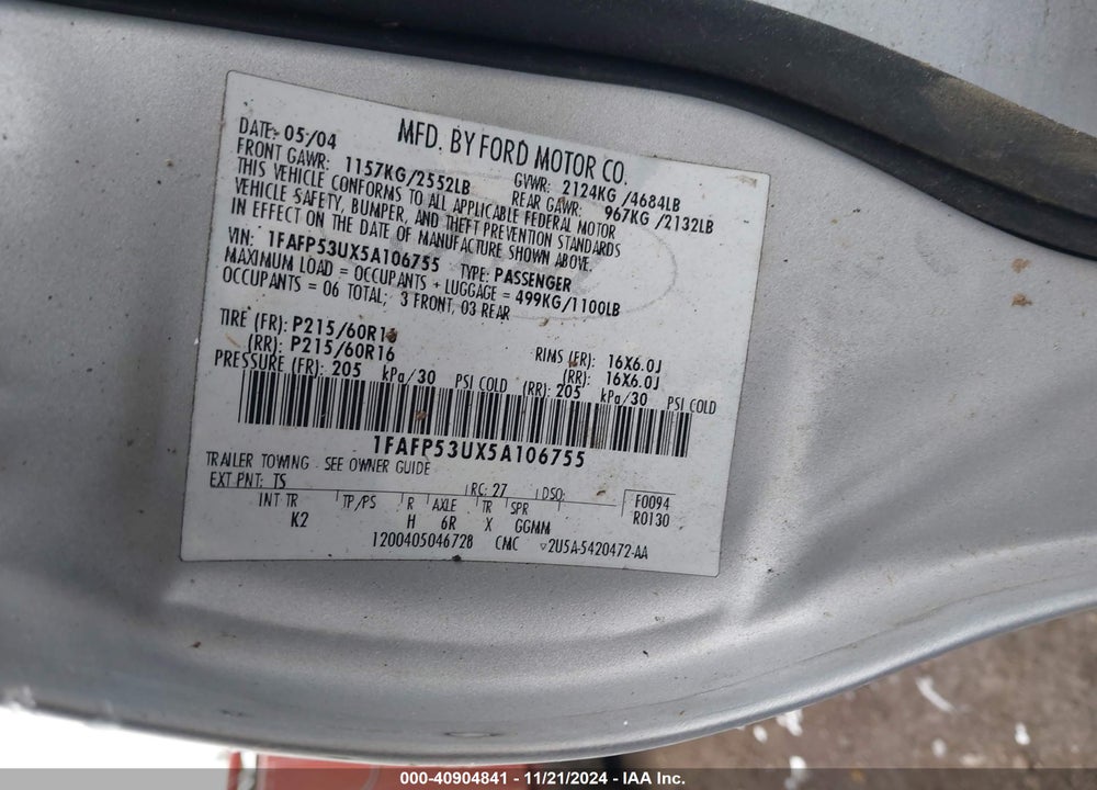 2005 FORD TAURUS SE VIN: 1FAFP53UX5A106755