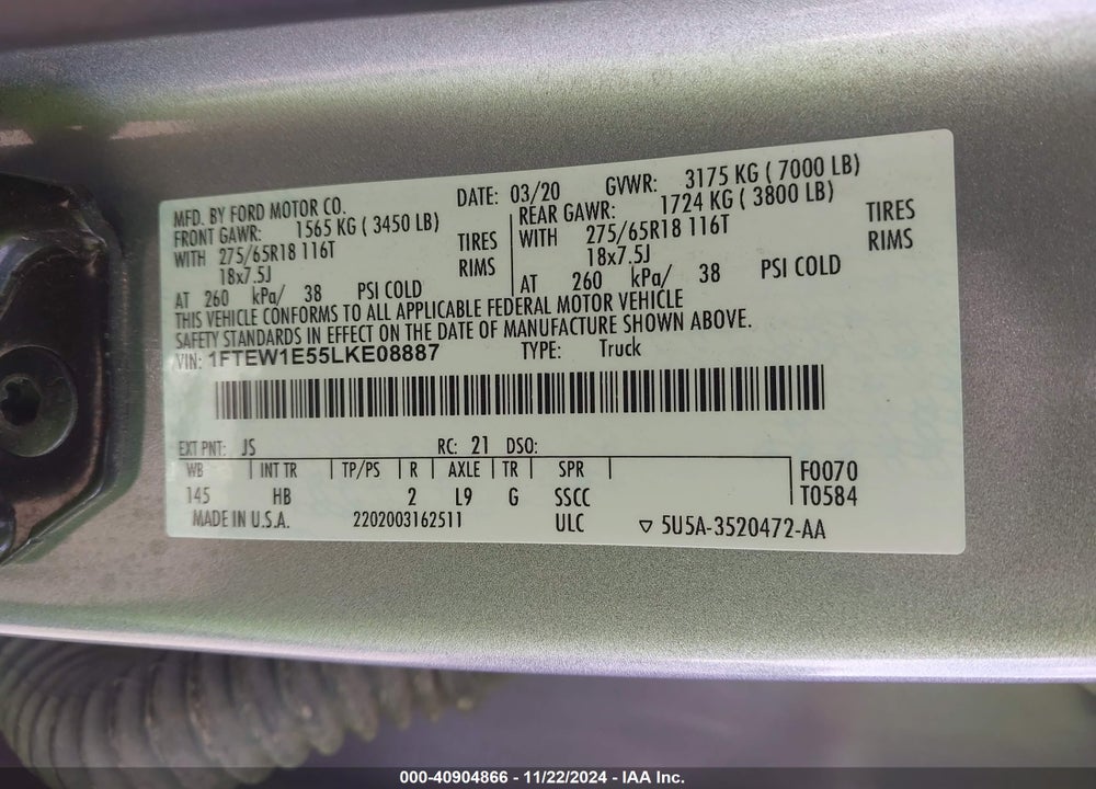 2020 FORD F-150 LARIAT VIN: 1FTEW1E55LKE08887
