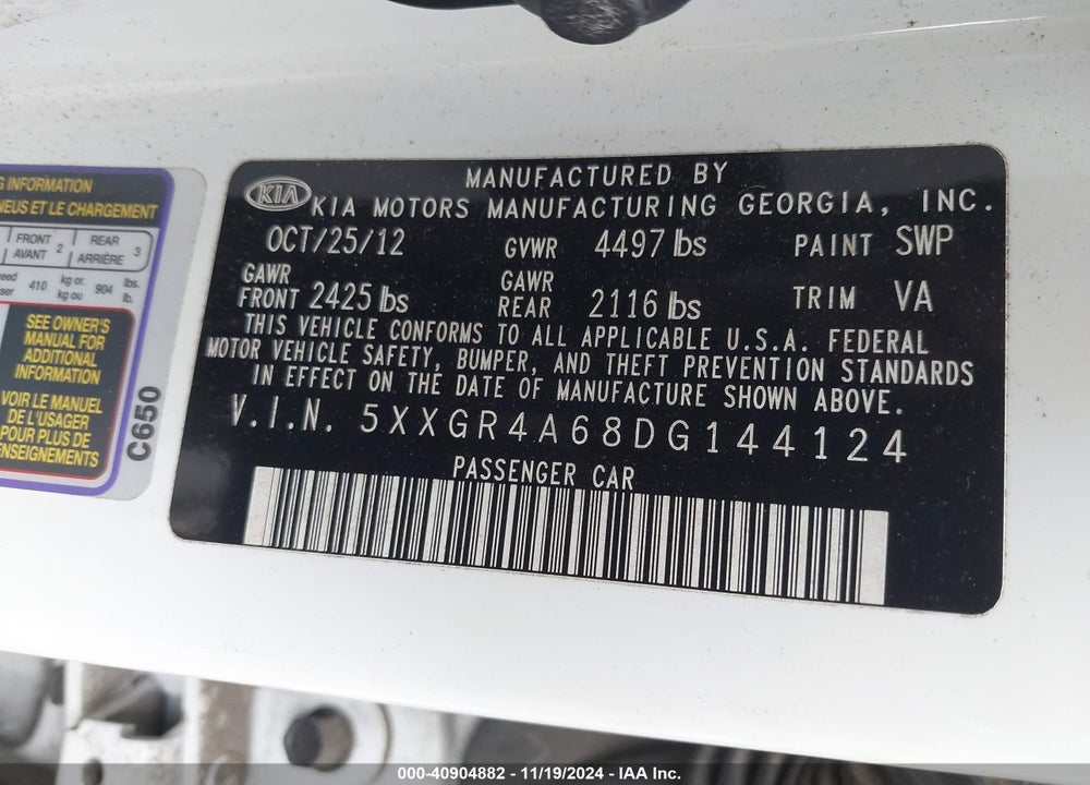 2013 KIA OPTIMA SX VIN: 5XXGR4A68DG144124