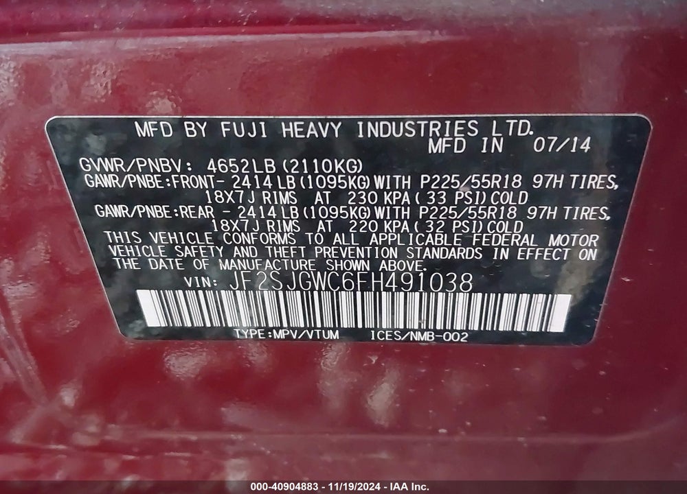 2015 SUBARU FORESTER 2.0XT TOURING VIN: JF2SJGWC6FH491038