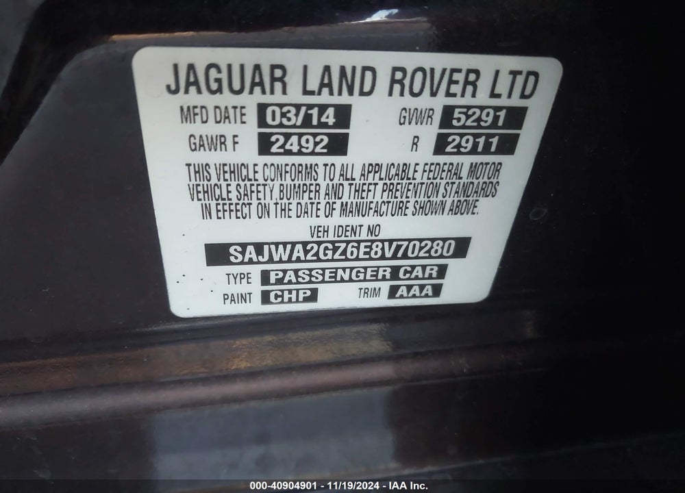 2014 JAGUAR XJ XJL PORTFOLIO VIN: SAJWA2GZ6E8V70280