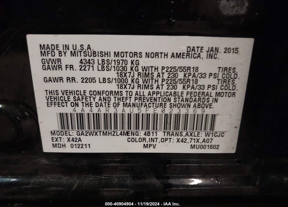 2015 MITSUBISHI OUTLANDER SPORT VIN: 4A4AR3AU5FE023369