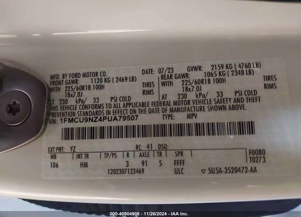 2023 FORD ESCAPE ST-LINE SELECT VIN: 1FMCU9NZ4PUA79507
