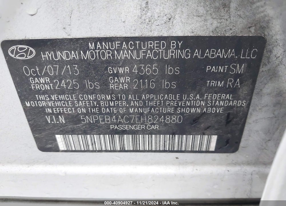 2014 HYUNDAI SONATA GLS VIN: 5NPEB4AC7EH824880
