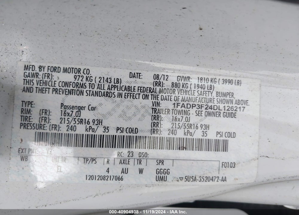 2013 FORD FOCUS SE VIN: 1FADP3F24DL126217