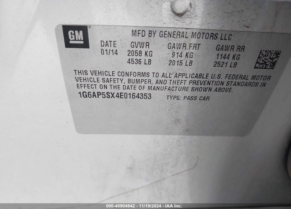 2014 CADILLAC CTS STANDARD VIN: 1G6AP5SX4E0164353
