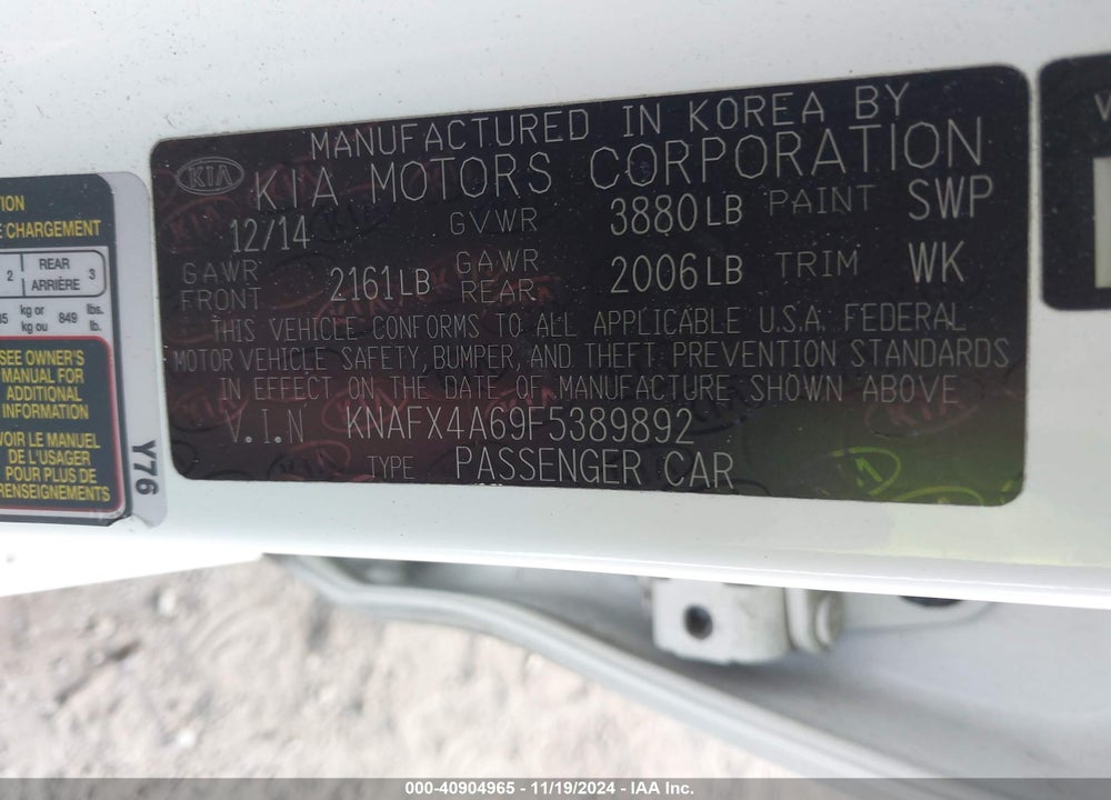 2015 KIA FORTE LX VIN: KNAFX4A69F5389892