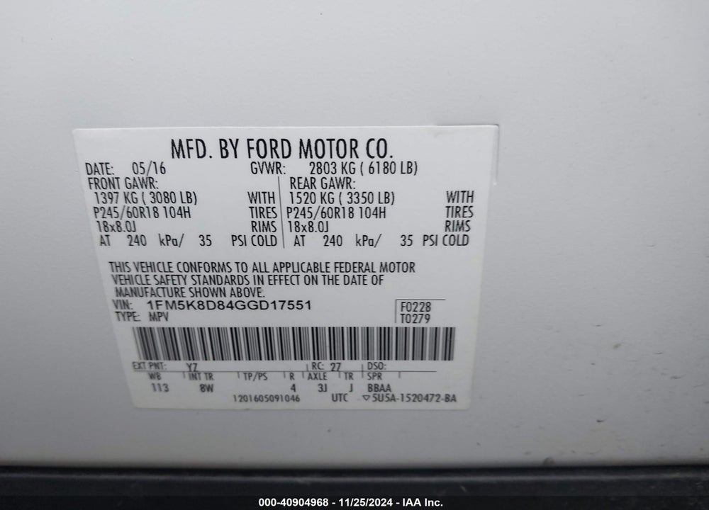 2016 FORD EXPLORER XLT VIN: 1FM5K8D84GGD17551