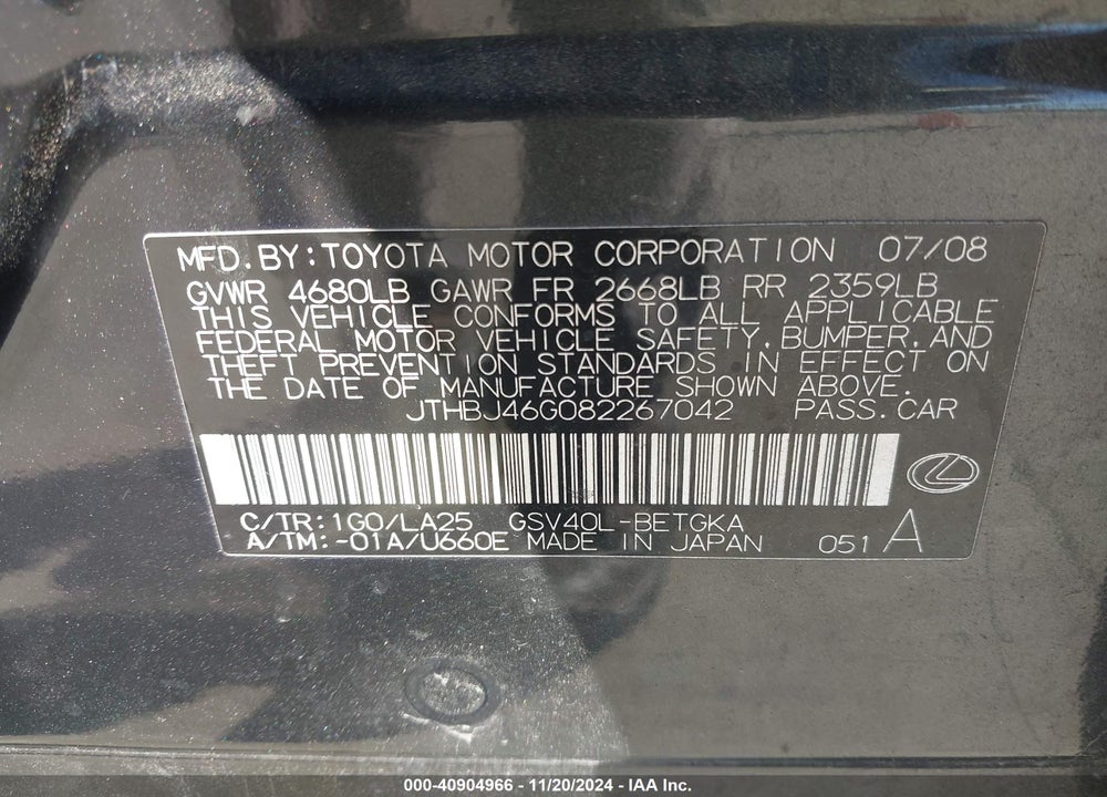 2008 LEXUS ES 350 VIN: JTHBJ46G082267042