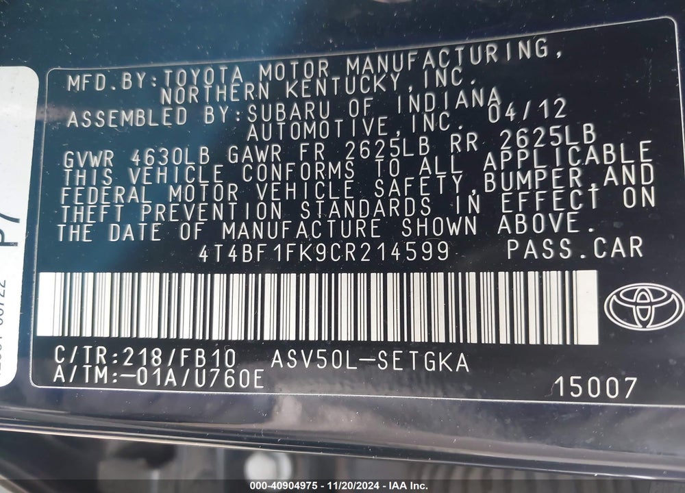2012 TOYOTA CAMRY XLE VIN: 4T4BF1FK9CR214599