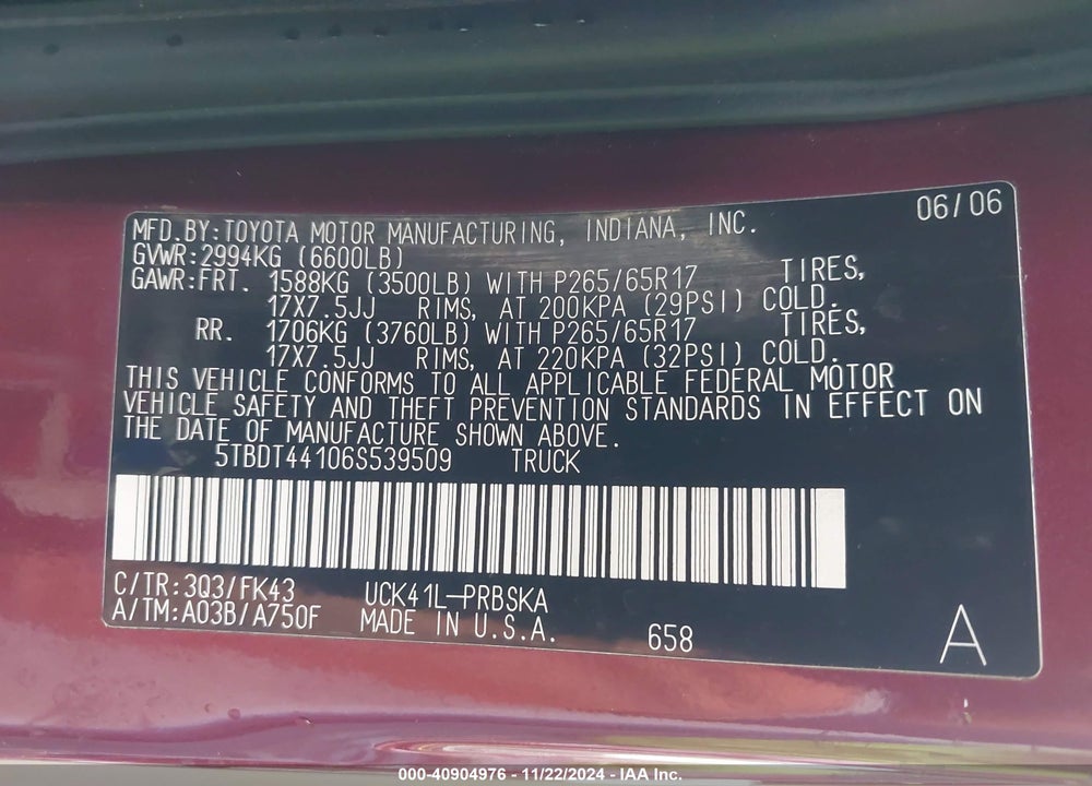 2006 TOYOTA TUNDRA SR5 V8 VIN: 5TBDT44106S539509