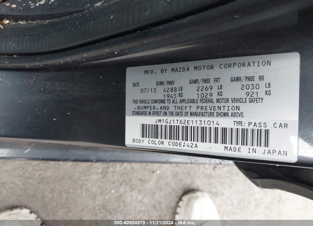 2014 MAZDA 6 VIN: JM1GJ1T62E1131014