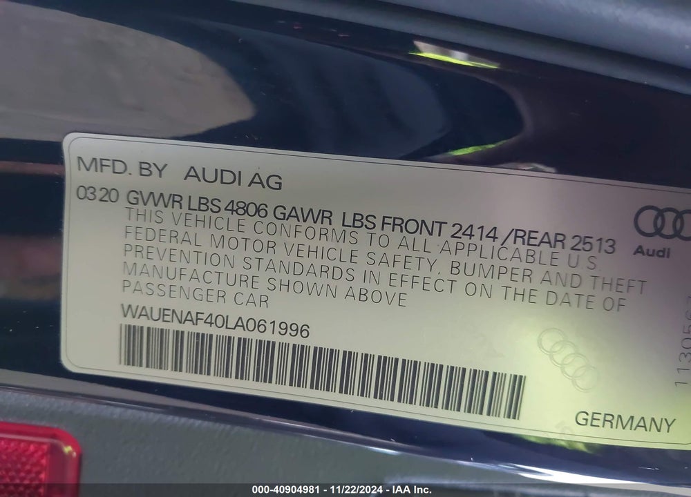 2020 AUDI A4 PREMIUM PLUS 45 TFSI QUATTRO S TRONIC VIN: WAUENAF40LA061996