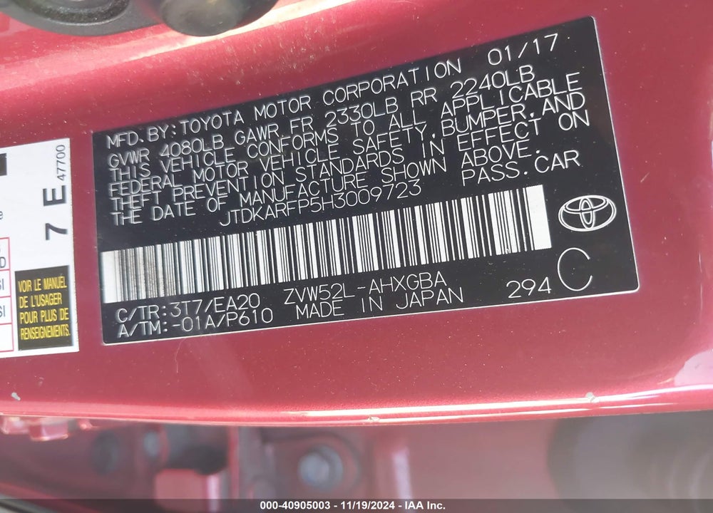 2017 TOYOTA PRIUS PRIME PREMIUM VIN: JTDKARFP5H3009723