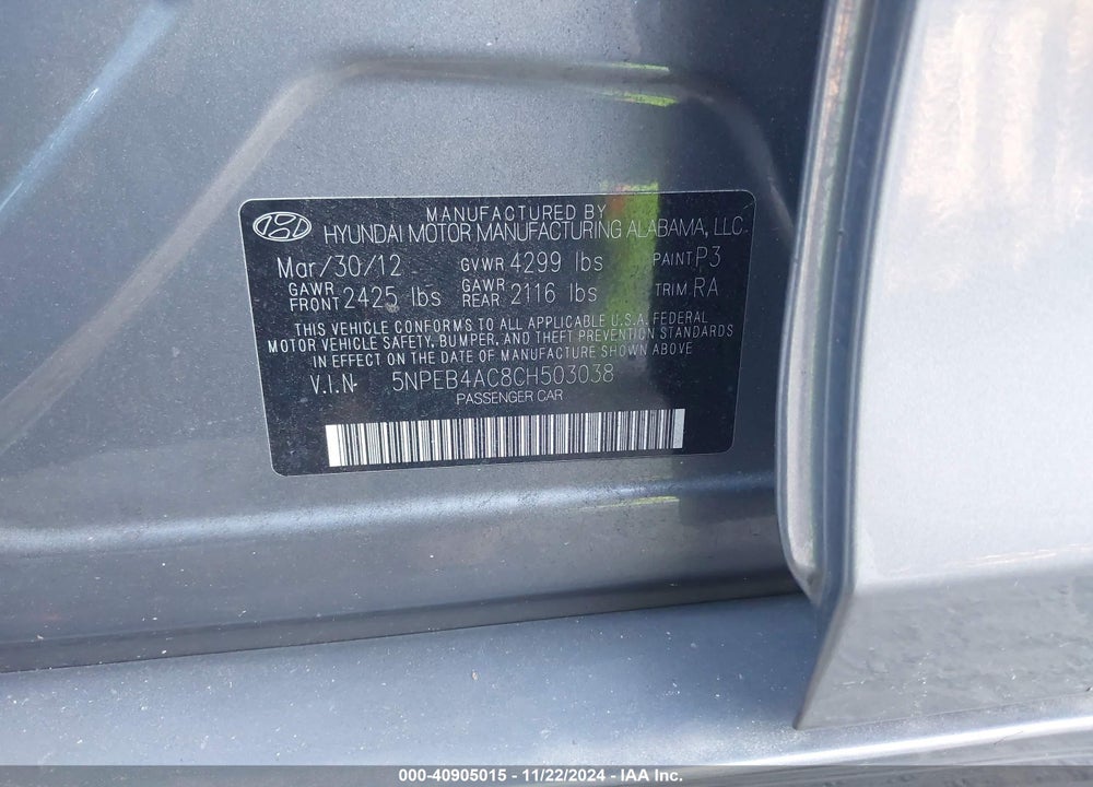 2012 HYUNDAI SONATA GLS VIN: 5NPEB4AC8CH503038