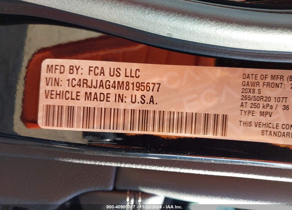 2021 JEEP GRAND CHEROKEE L ALTITUDE 4X2 VIN: 1C4RJJAG4M8195677