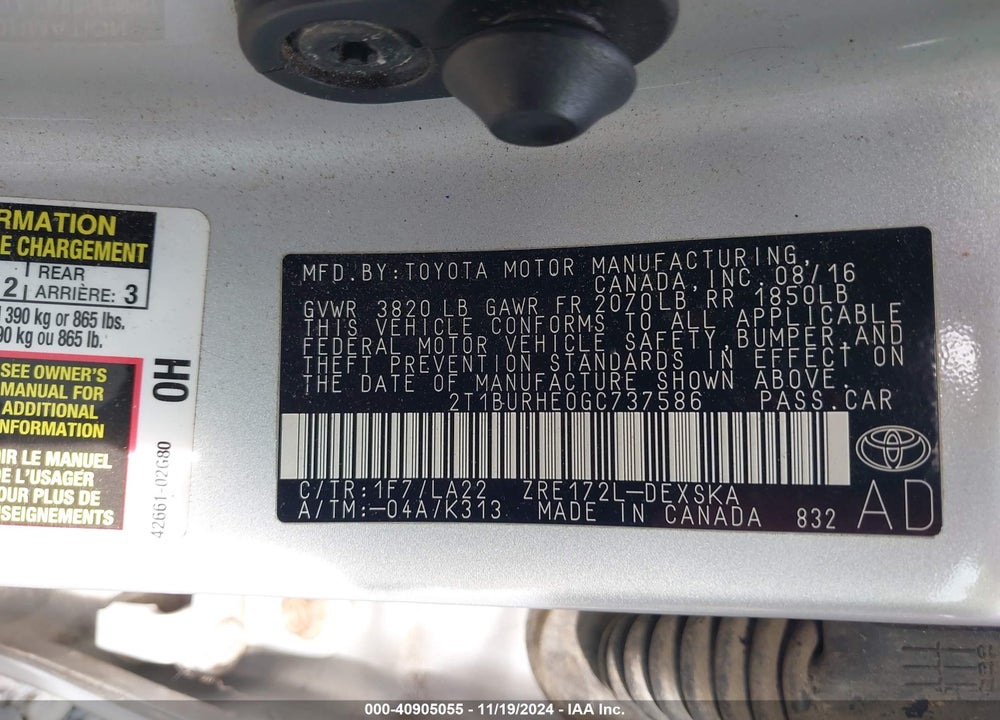 2016 TOYOTA COROLLA S PREMIUM VIN: 2T1BURHE0GC737586