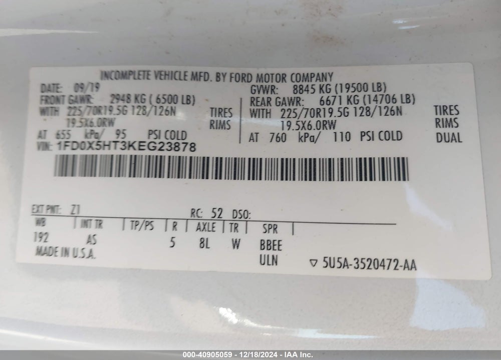 2019 FORD F-550 CHASSIS XL VIN: 1FD0X5HT3KEG23878