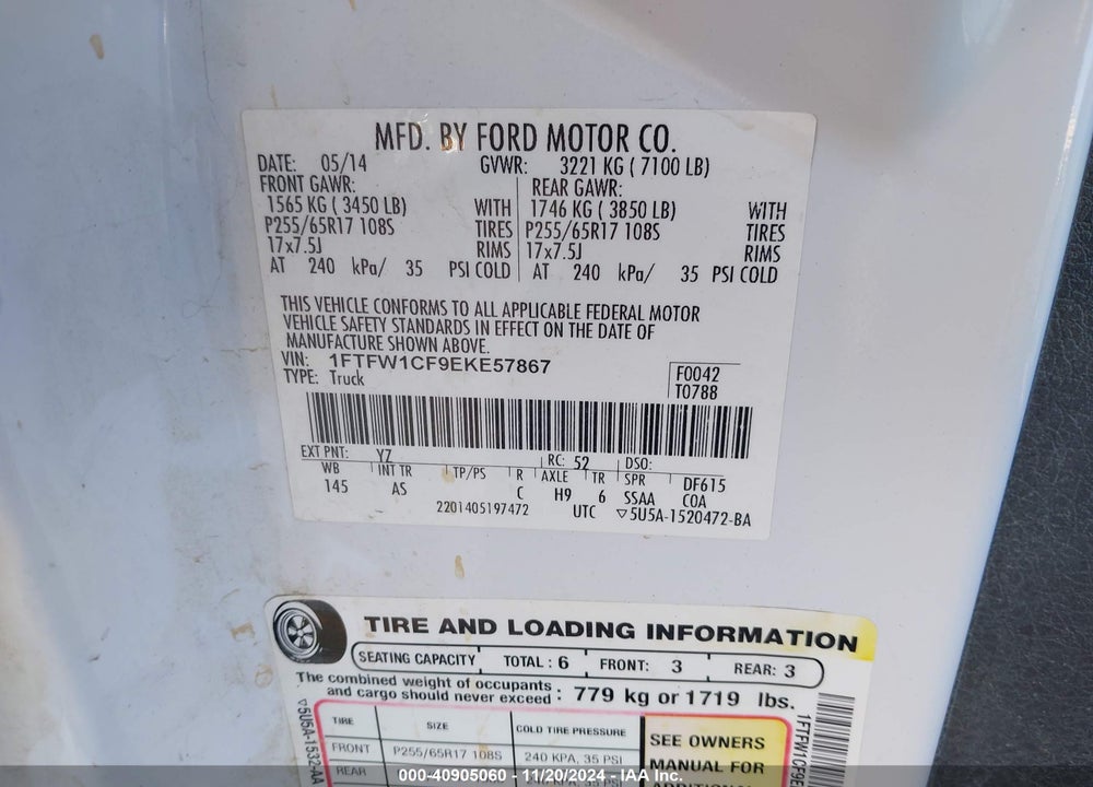 2014 FORD F-150 XL VIN: 1FTFW1CF9EKE57867