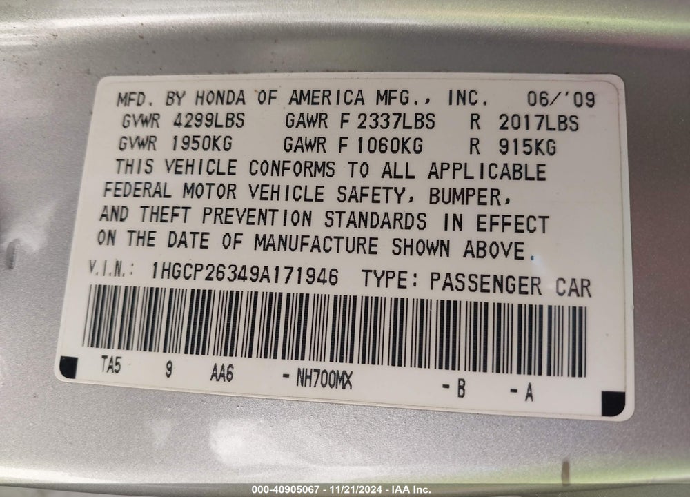 2009 HONDA ACCORD 2.4 LX VIN: 1HGCP26349A171946