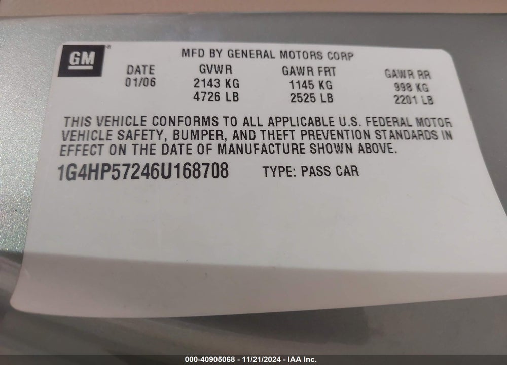 2006 BUICK LUCERNE VIN: 1G4HP57246U168708