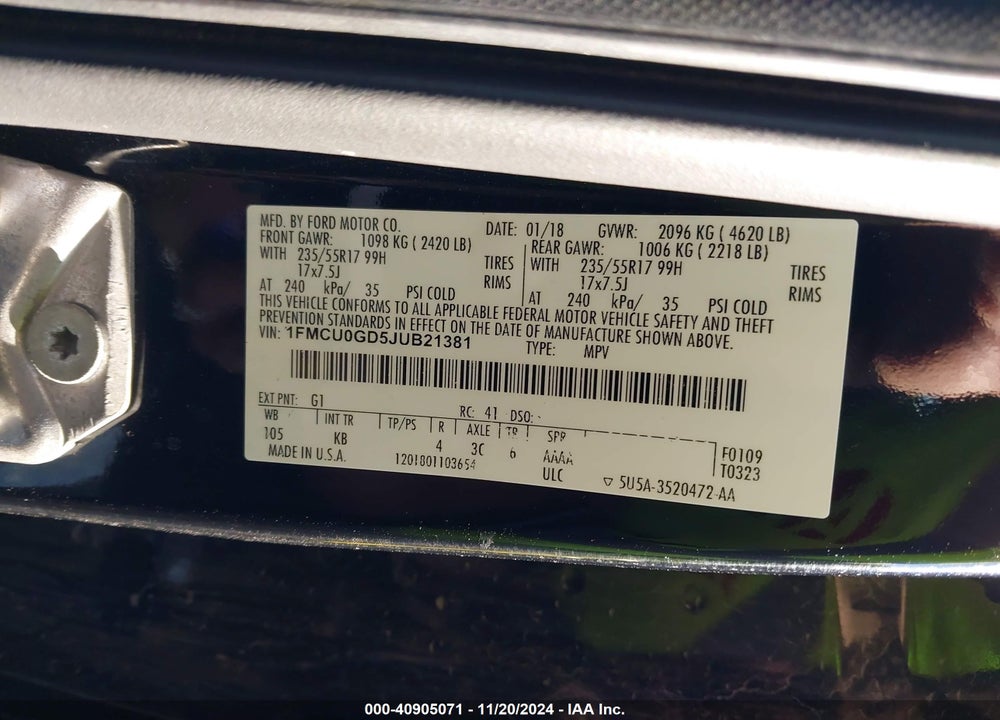 2018 FORD ESCAPE SE VIN: 1FMCU0GD5JUB21381