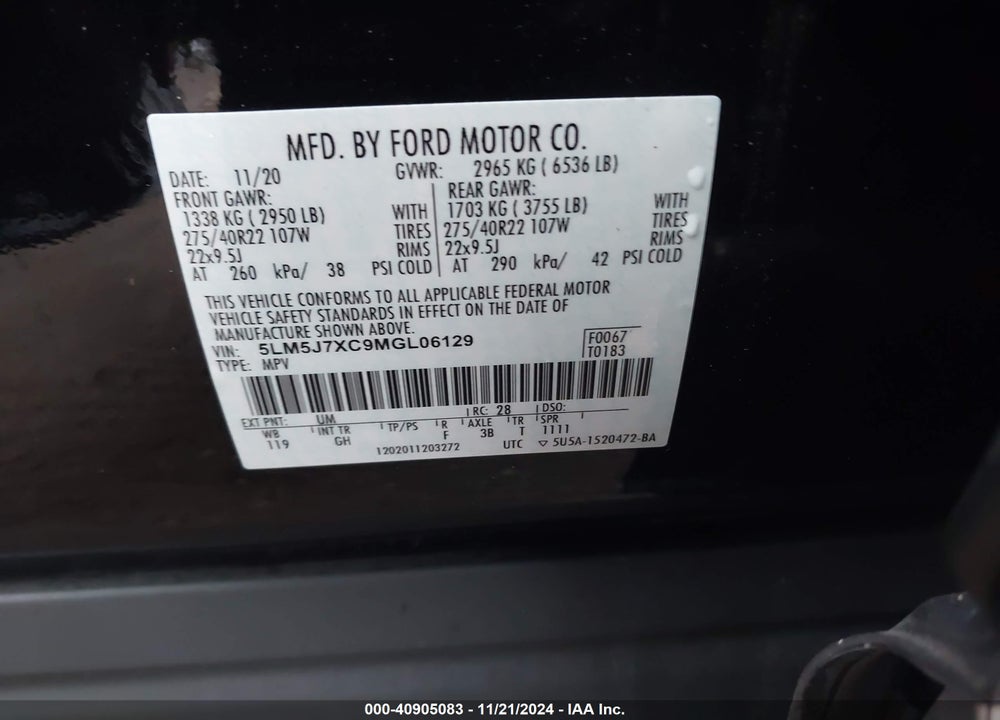 2021 LINCOLN AVIATOR RESERVE VIN: 5LM5J7XC9MGL06129